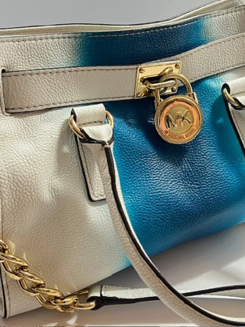 MICHAEL KORS HAMILTON EAST WEST WHITE/BLUE LOCK & KEY LEATHER SATCHEL MEDIUM EUC - Picture 14 of 15
